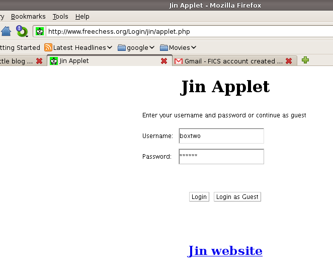 Jin Applet login on freechess.org