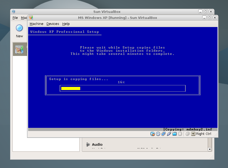 MS Windows XP installing on Sun VirtualBox in Debian Lenny