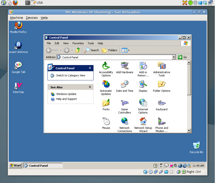 Windows XP running on VirtualBox